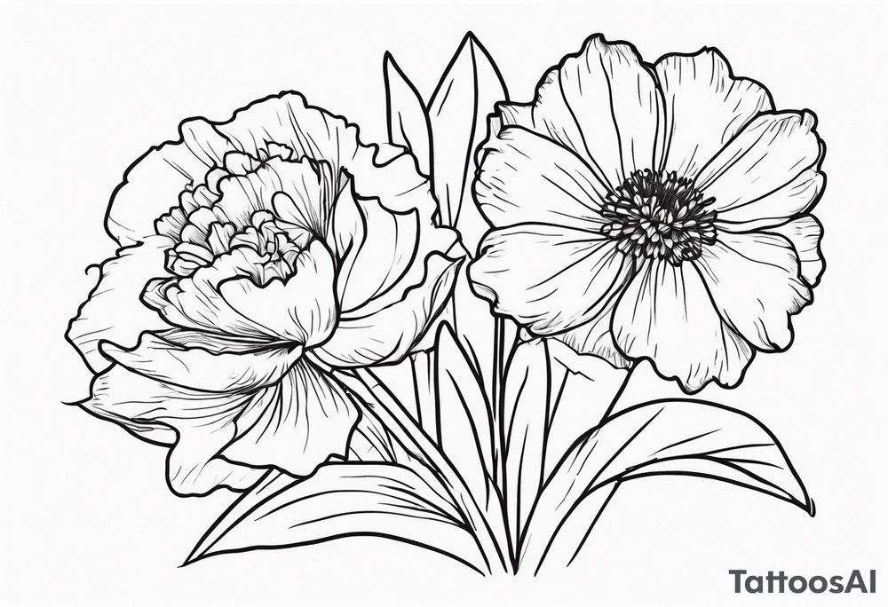 Two carnations, Two daffodils, One snowdrop, One hawthorn flower, Two honeysuckle blooms, One rose, One chrysanthemum, one cosmos, one marigold, one morning glory, one aster tattoo idea