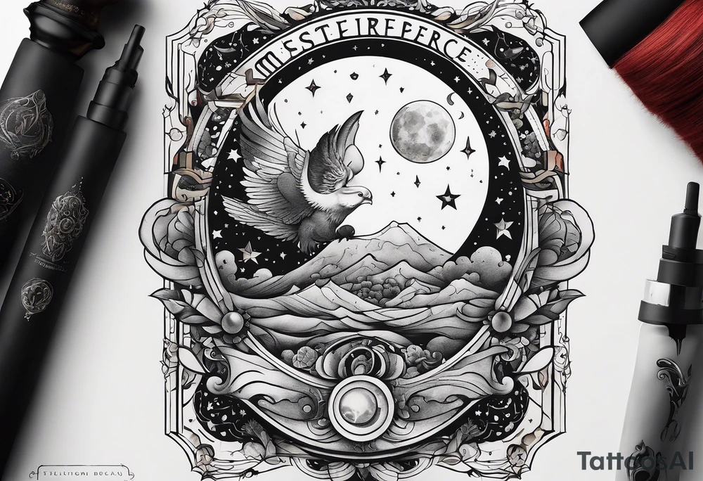 A tattoo design inspired by southern Italian folklore tales, incorporating mystical creatures and celestial objects such as moons and stars, reflecting the client's love for folklore and celestial objects. tattoo idea
