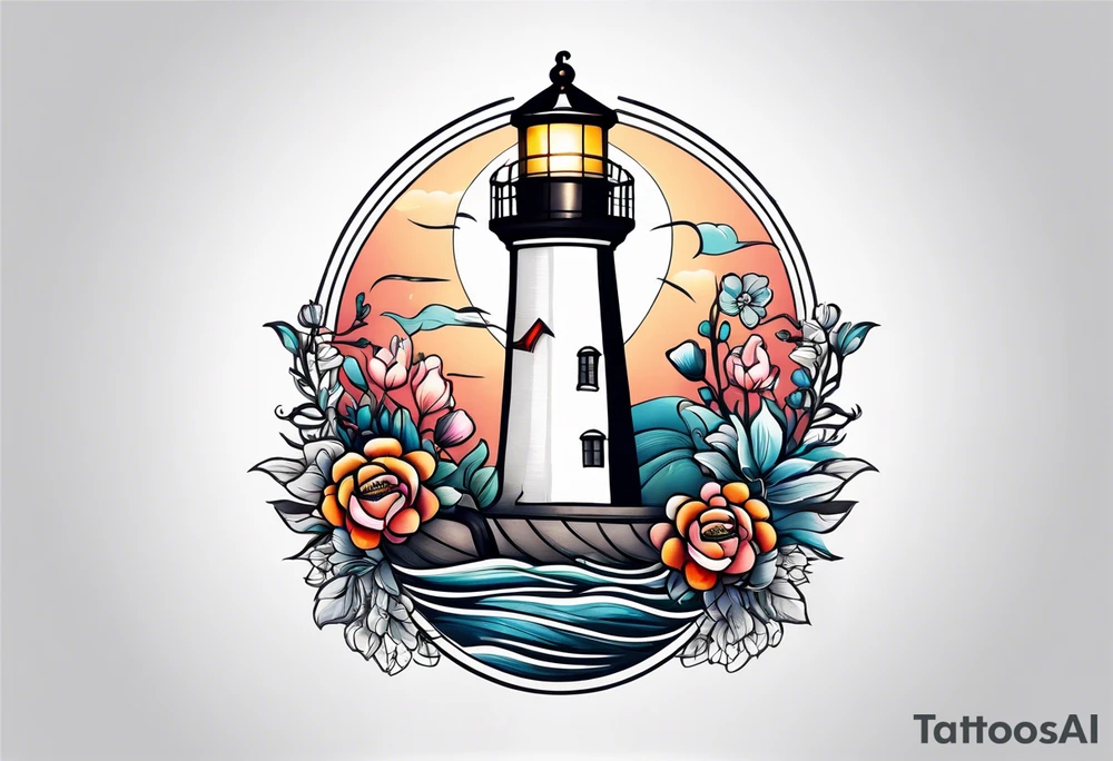 Lighthouse anchor and flowers tattoo idea