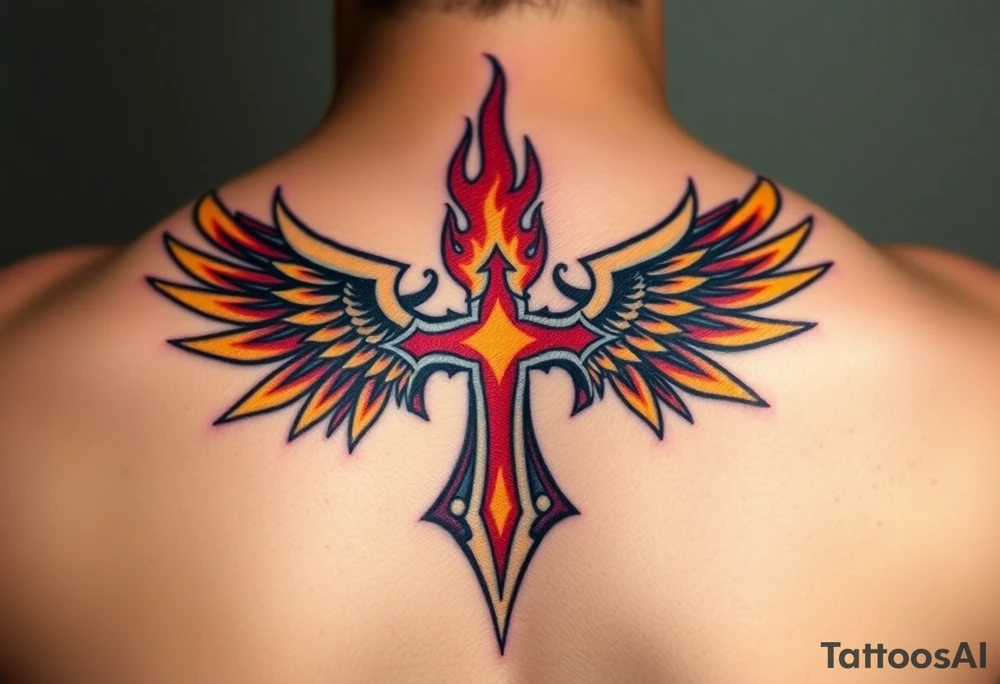 A flaming cross with phoenix wings, colored in shades of red, orange, and yellow, symbolizing rebirth tattoo idea