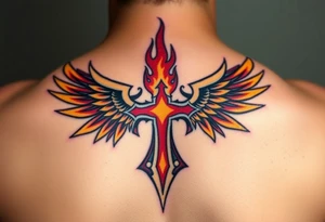 A flaming cross with phoenix wings, colored in shades of red, orange, and yellow, symbolizing rebirth tattoo idea