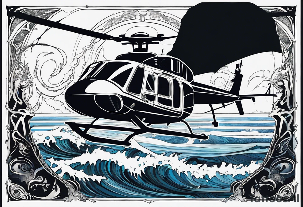 Create a tattoo with a sexy, beautiful, and warrior Goddess Nyx, the goddess of night, who Zeus fears.  She has one white wing and one black wing, like an angel, representing both love and death, and is surrounded by the ocean with sharks, orcas, whale sharks, and octopus.  Within this tattoo is a helicopter such as the MH-60M DAP, a Nightstalkers helicopter outfitted with weapons, doing a combat tactical mission. tattoo idea