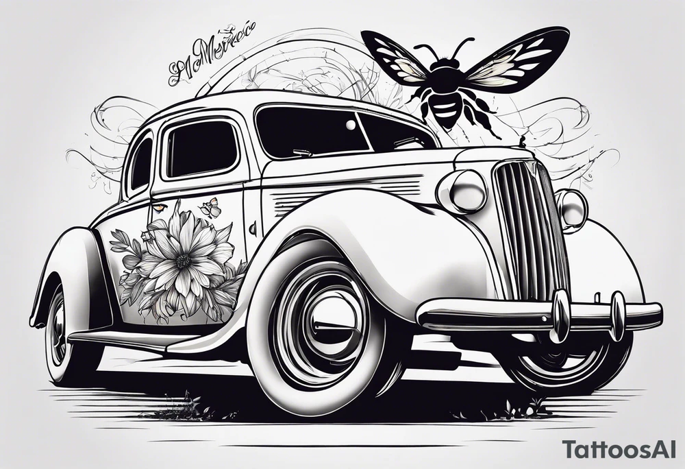 Harlow written in cursive with a bumblebee flying off the end of the w tattoo idea