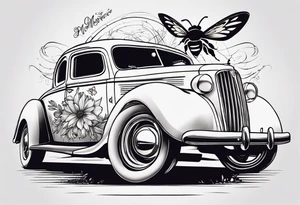 Harlow written in cursive with a bumblebee flying off the end of the w tattoo idea