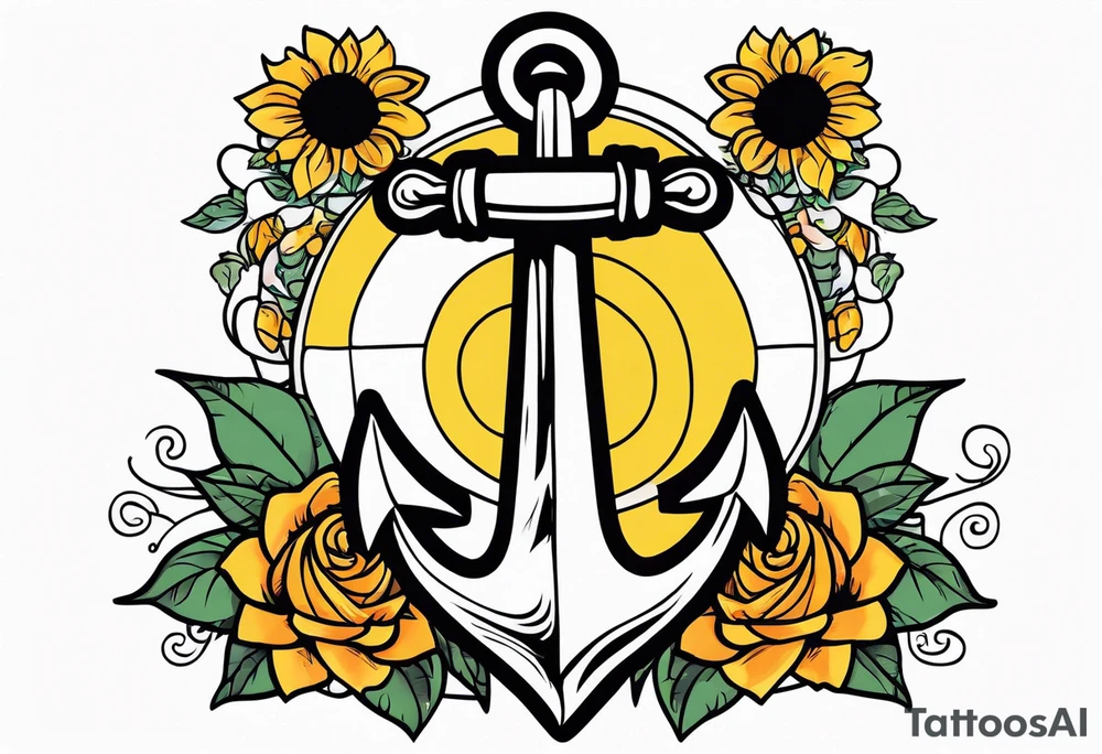 Anchor, wrapped in rope, with sunflowers and roses 
throughout, thigh tattoo tattoo idea
