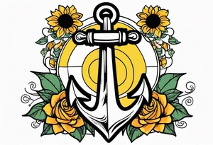 Anchor, wrapped in rope, with sunflowers and roses 
throughout, thigh tattoo tattoo idea