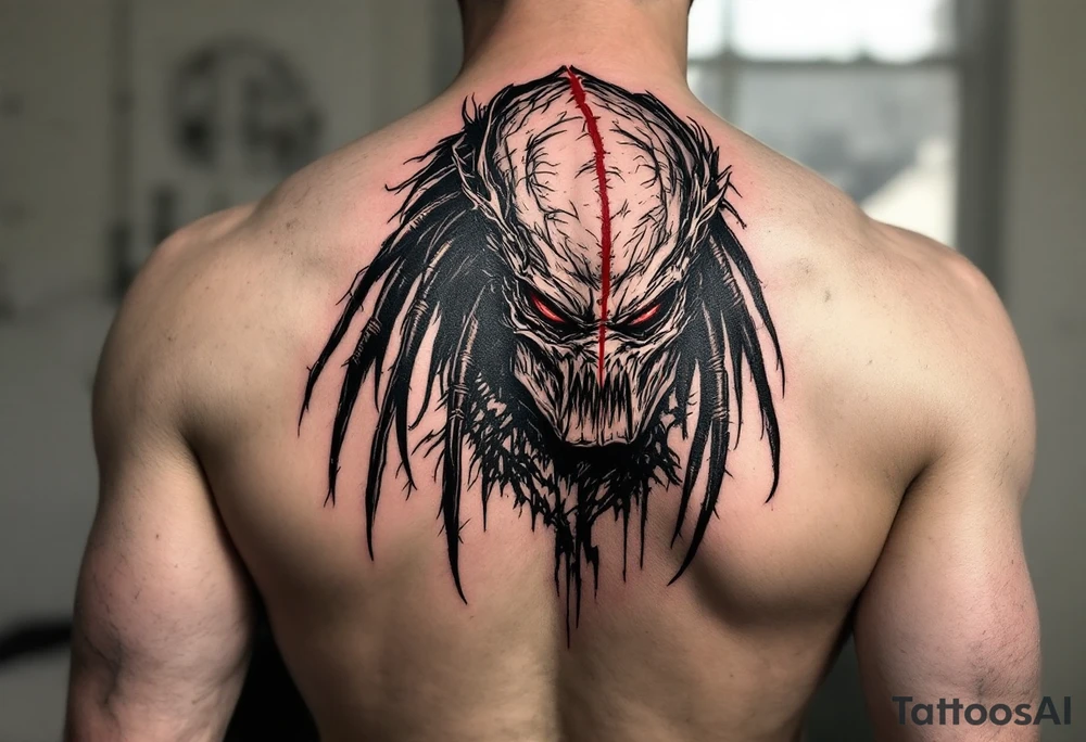 Berserker Predator – The larger, more brutal Yautja variant from Predators (2010), standing taller than traditional hunters with dark reddish-black skin, bone-plated armor, and an angular, menacing bio-mask with a red stripe. tattoo idea