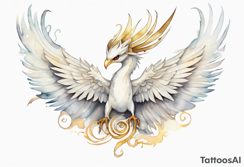 a watercolor of a white bird-serpent hybrid wearing a plain crown, with light gold wing feathers, flying in the sky tattoo idea