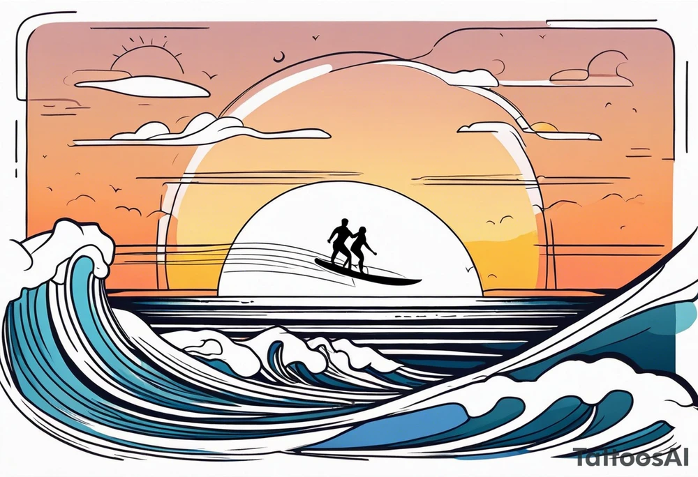 Line work tattoo depicting a father surfing in the sunset with his two daughters. tattoo idea
