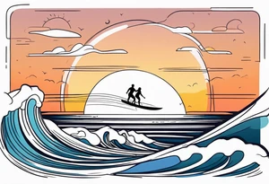 Line work tattoo depicting a father surfing in the sunset with his two daughters. tattoo idea