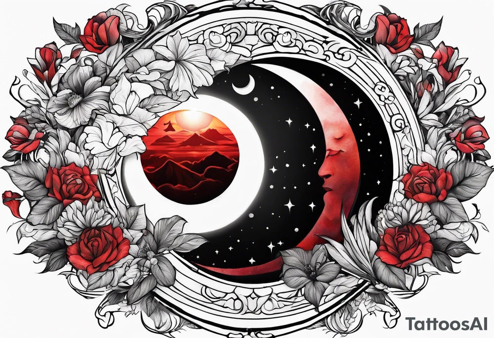 eclipse, vibrant colors (reds and blacks), end of world tattoo idea