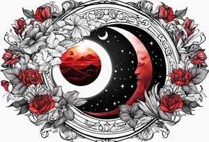 eclipse, vibrant colors (reds and blacks), end of world tattoo idea