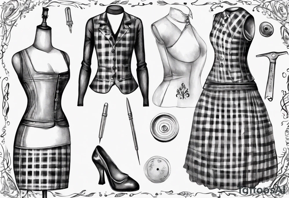 Tailor's mannequin in plaid woman's dress. Nearby a needle tracing two initials, plus a thimble. Dress Is composed by skirt and gilet. tattoo idea