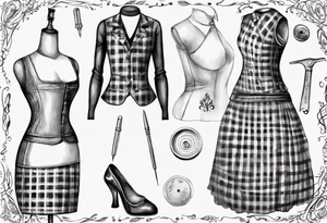 Tailor's mannequin in plaid woman's dress. Nearby a needle tracing two initials, plus a thimble. Dress Is composed by skirt and gilet. tattoo idea