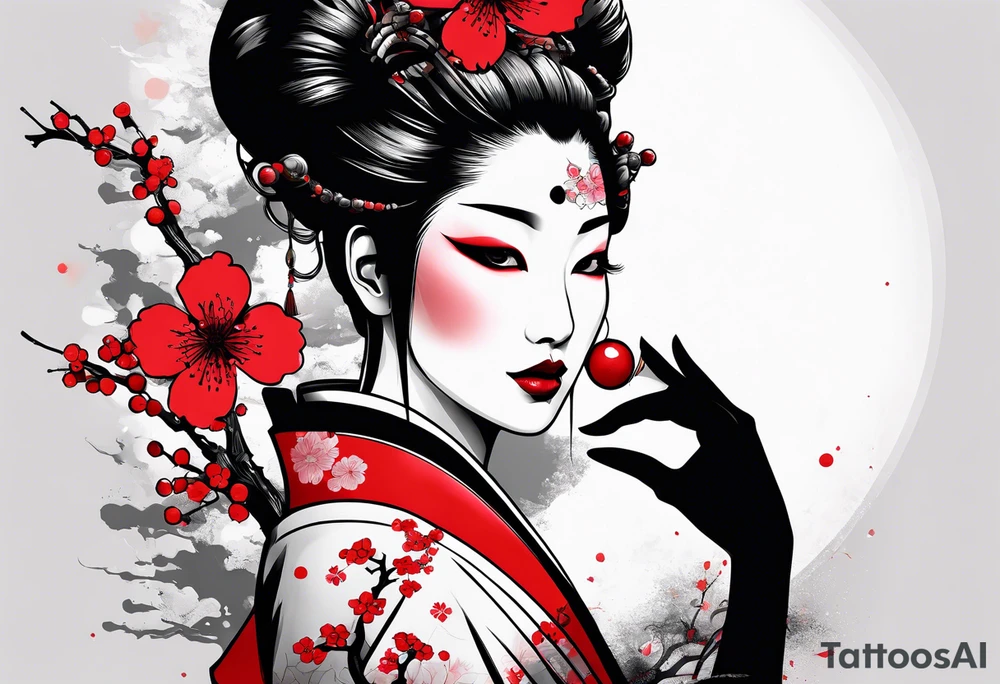 trash polka zombie geisha red sun cherry blossoms tattoo idea