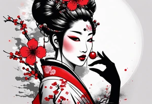trash polka zombie geisha red sun cherry blossoms tattoo idea