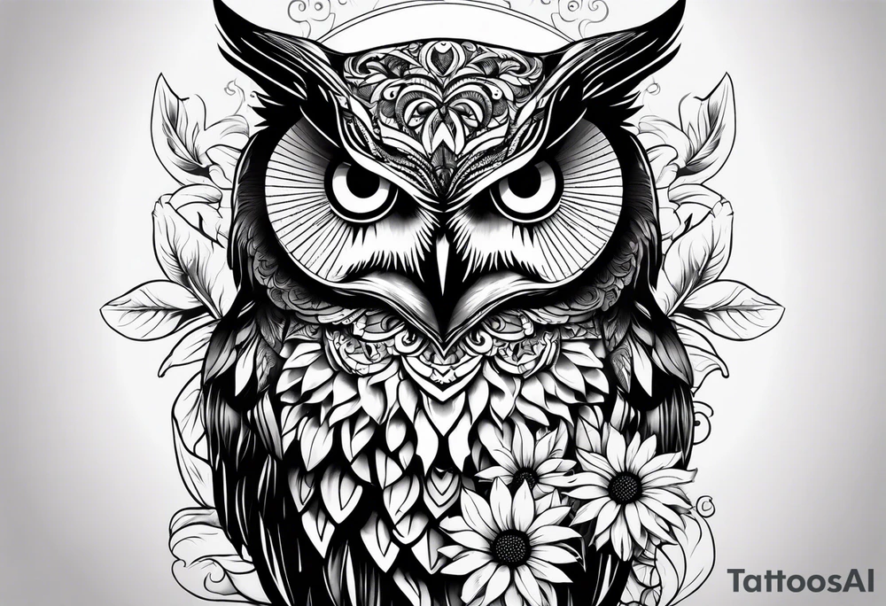 Black and white owl with sunflowers leg sleeve tattoo idea