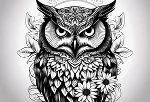 Black and white owl with sunflowers leg sleeve tattoo idea