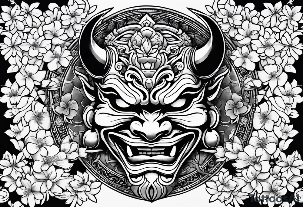 Oni mask with a cherry blossom background tattoo idea Oni mask with a cherry blossom background tattoo idea