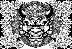 Oni mask with a cherry blossom background tattoo idea