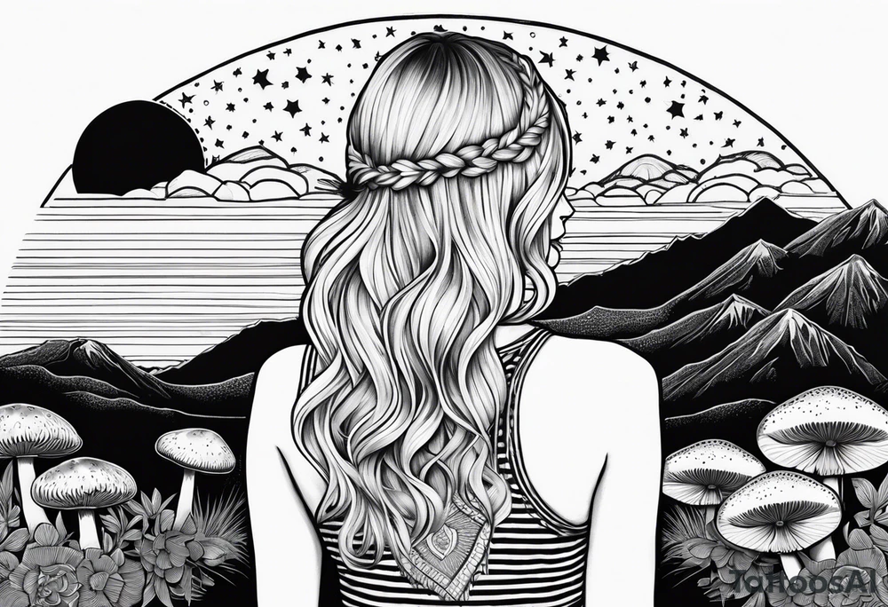 Straight blonde hair girl facing away toward mountains surrounded by mushrooms crescent moon mandala circular design black and white striped dress "8" in hair tattoo idea