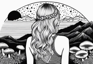 Straight blonde hair girl facing away toward mountains surrounded by mushrooms crescent moon mandala circular design black and white striped dress "8" in hair tattoo idea