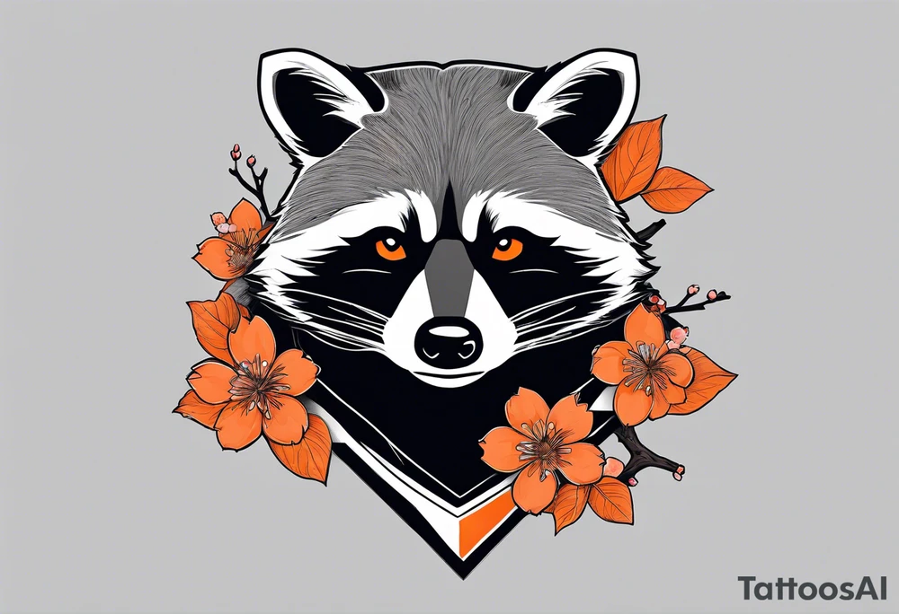 raccoon wearing a black and white Superman hoodie with orange Japanese cherry blossoms tattoo idea