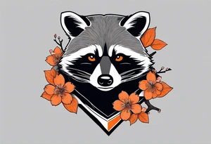 raccoon wearing a black and white Superman hoodie with orange Japanese cherry blossoms tattoo idea