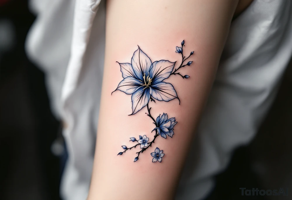 blue spider lily in black and white colours from the anime demon slayer and Cherry Blossoms wrapped around the arm tattoo idea