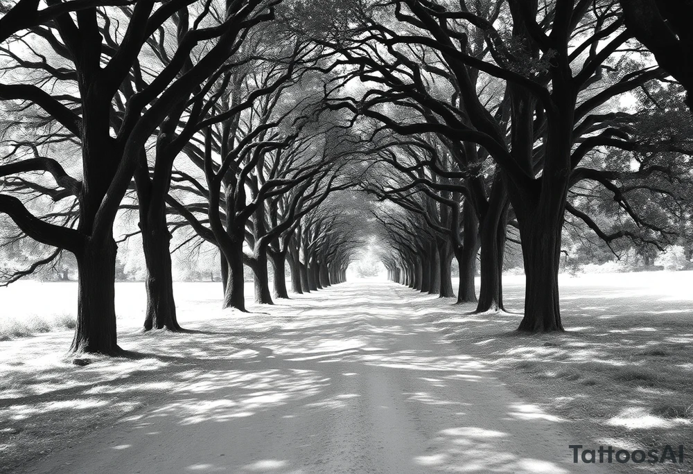Tree lined dirt road. Road is rough, not smooth. Trees are oak, lining the road unevenly, tight so little light gets through. Branches arch across the road, some meeting in the middle. Dappled sunlight where it hits. Road gets smaller in the distance. tattoo idea