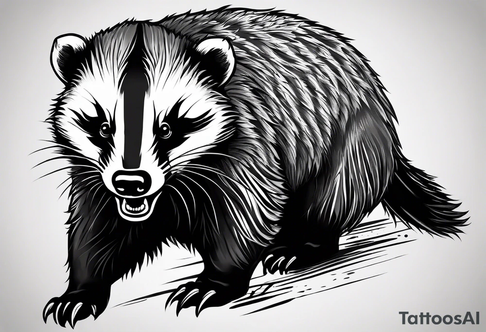 Draw me psychopath badger with aggressive full body, killer face with a smile, very long nails and he attacks like a Bloody Gladiator to us and also, he has very deadly looking. He fights with his nails. Everybody scares after their first sight. Give me horror type Badger Tattoo. tattoo idea