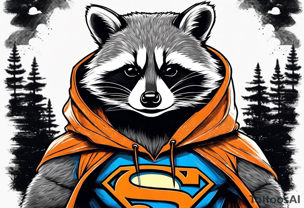 Raccoon wearing an orange Superman hoodie tattoo idea