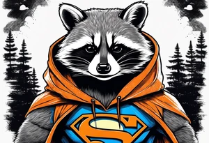 Raccoon wearing an orange Superman hoodie tattoo idea