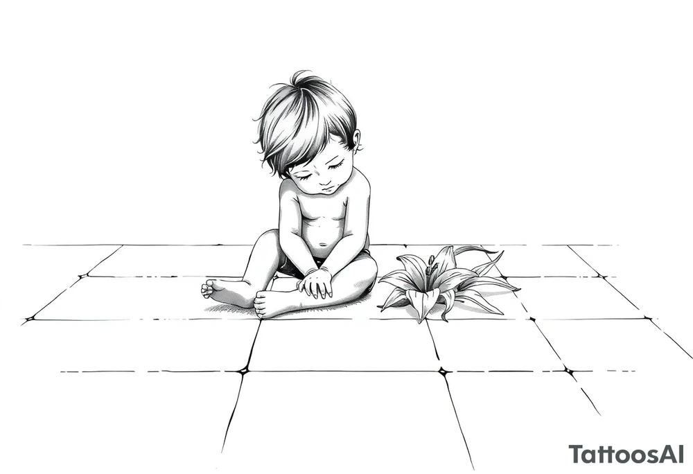 A simple tile floor with a minimalist curled child sitting on the floor with a lily next to her tattoo idea