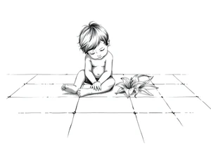 A simple tile floor with a minimalist curled child sitting on the floor with a lily next to her tattoo idea