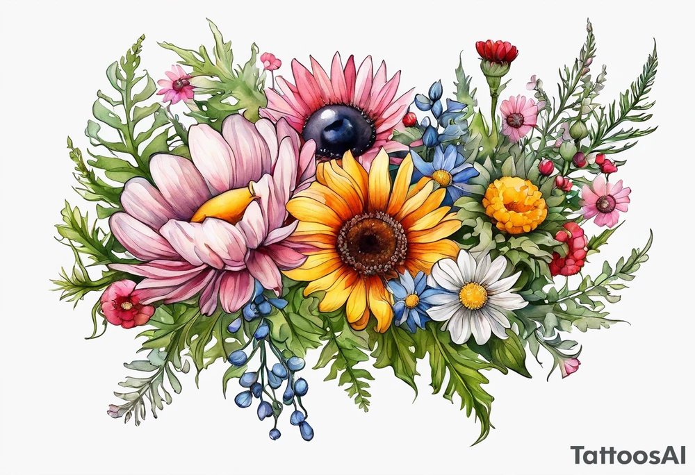 an oval of wildflowers cascading with thistles, ferns, white anemones, sun flowers, buttercups, pink flowers, red flowers, babys breath and daisies all in watercolor tattoo idea