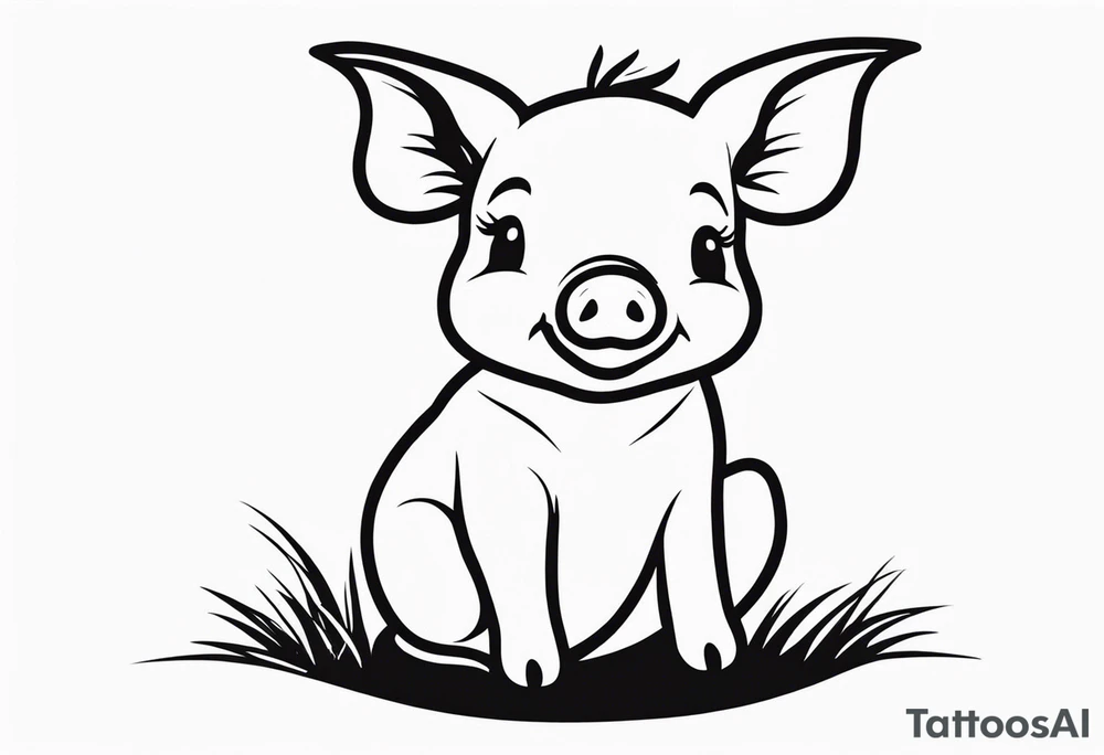 cute simple piglet sitting on bum. thin lines minimal shading, black and white only, with text "friends not food", white background tattoo idea