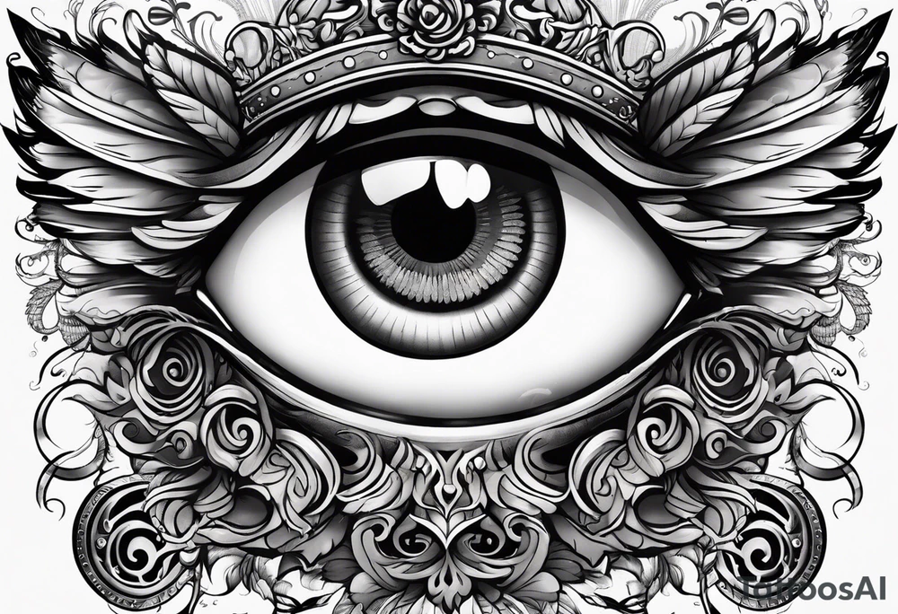 big eye with wings and crown tattoo idea