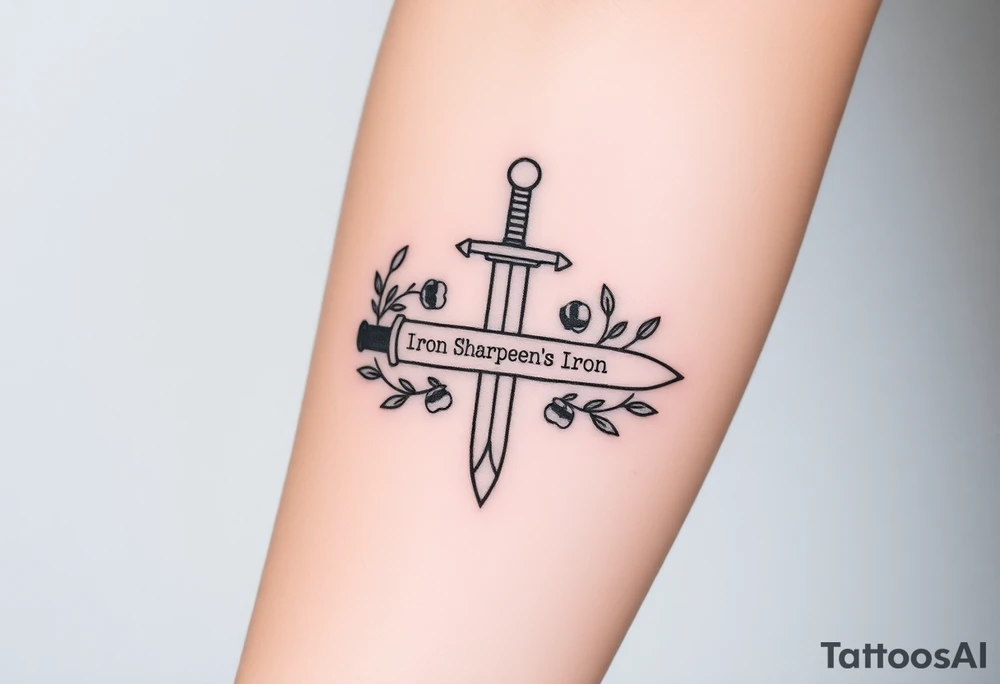 Tattoo sketch of a sword surrounded by olive branches, symbolizing strength and peace. “Iron Sharpens Iron” written subtly on the blade. Simple black linework, forearm tattoo. tattoo idea