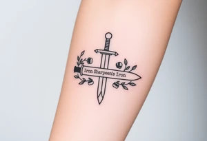 Tattoo sketch of a sword surrounded by olive branches, symbolizing strength and peace. “Iron Sharpens Iron” written subtly on the blade. Simple black linework, forearm tattoo. tattoo idea