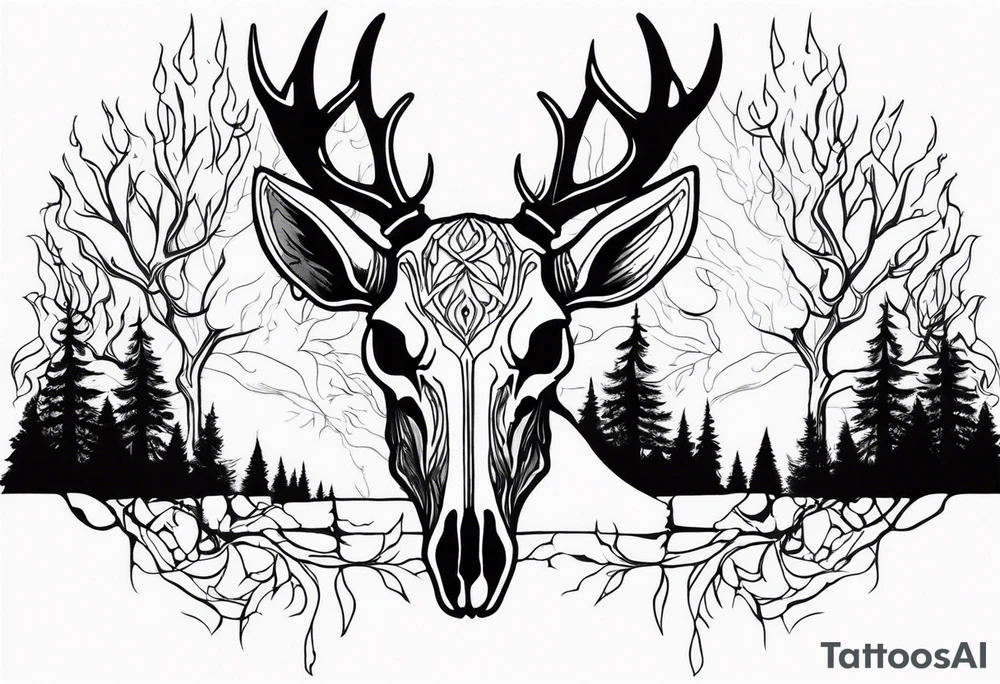 Halloween side profile of a DECAYING deer skull JUST BONE surrounded by a flames and trees in background tattoo idea