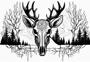 Halloween side profile of a DECAYING deer skull JUST BONE surrounded by a flames and trees in background tattoo idea