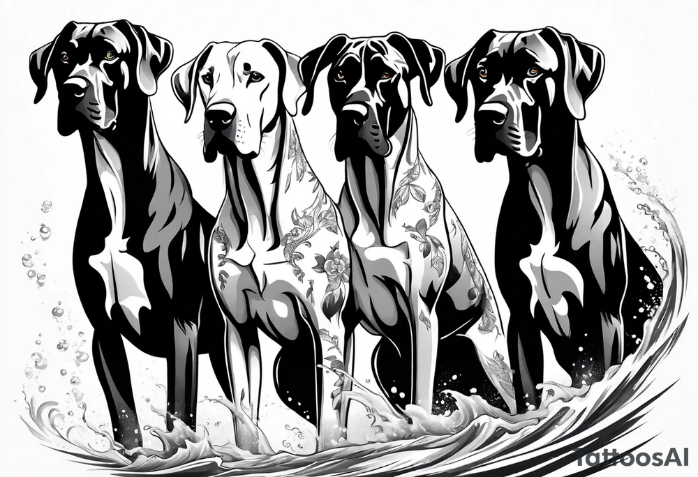 Full arm sleeve. Four Great Danes together exploring waterfall tattoo idea