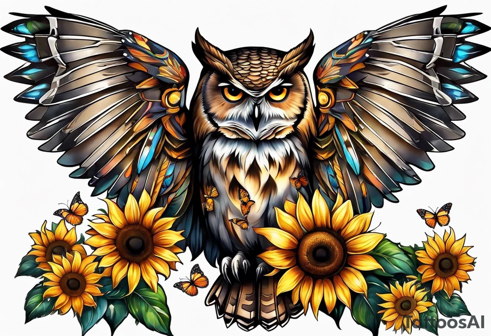 Owl with butterfly and sunflower tattoo idea