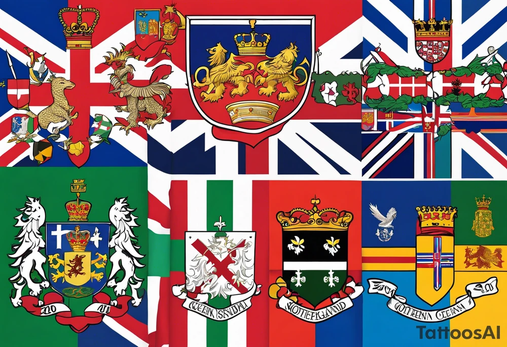 Merge the flags of england, northern ireland, ireland, scotland, wales, germany, croatia, serbia, slovakia, slovenia, and czech republic. tattoo idea