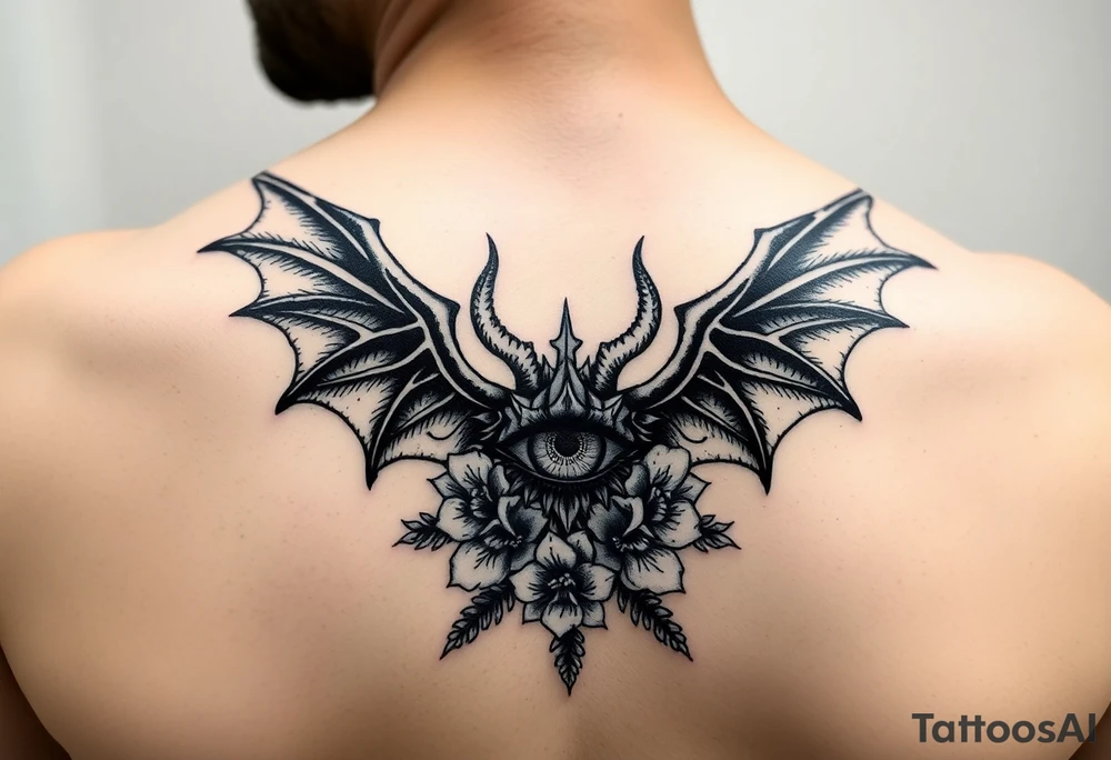 Devil wings and eye of Horus with flowers tattoo idea