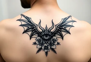 Devil wings and eye of Horus with flowers tattoo idea