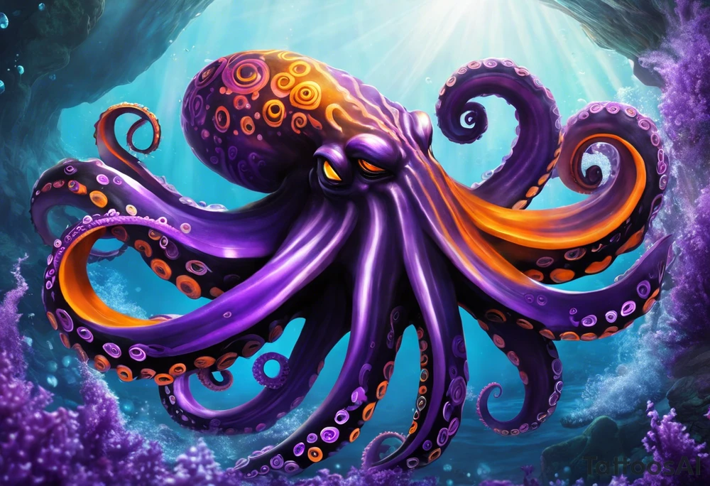 Cthulu/Kraken/Octopus

Black and Violet/Purple + Orange eyes
Head to be on right pec
9 Tentacles
Have 3 tentacles in a spiral for each right shoulder head
Have 1 tentacle on in a spiral for right bicep
Have 3 tentacles contouring the tricep, twirling down and around my right forearm
Have 2 tentacles wrapped around under my collar and double helix down my spinal column tattoo idea