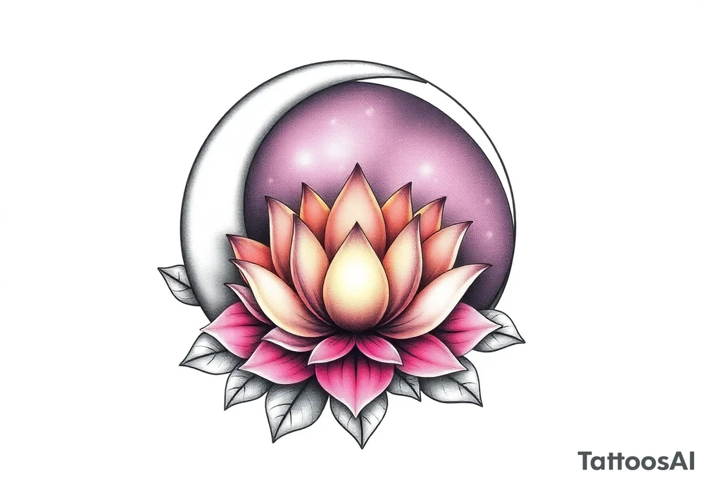 crescent floral moon with lotus flower glowing tattoo idea