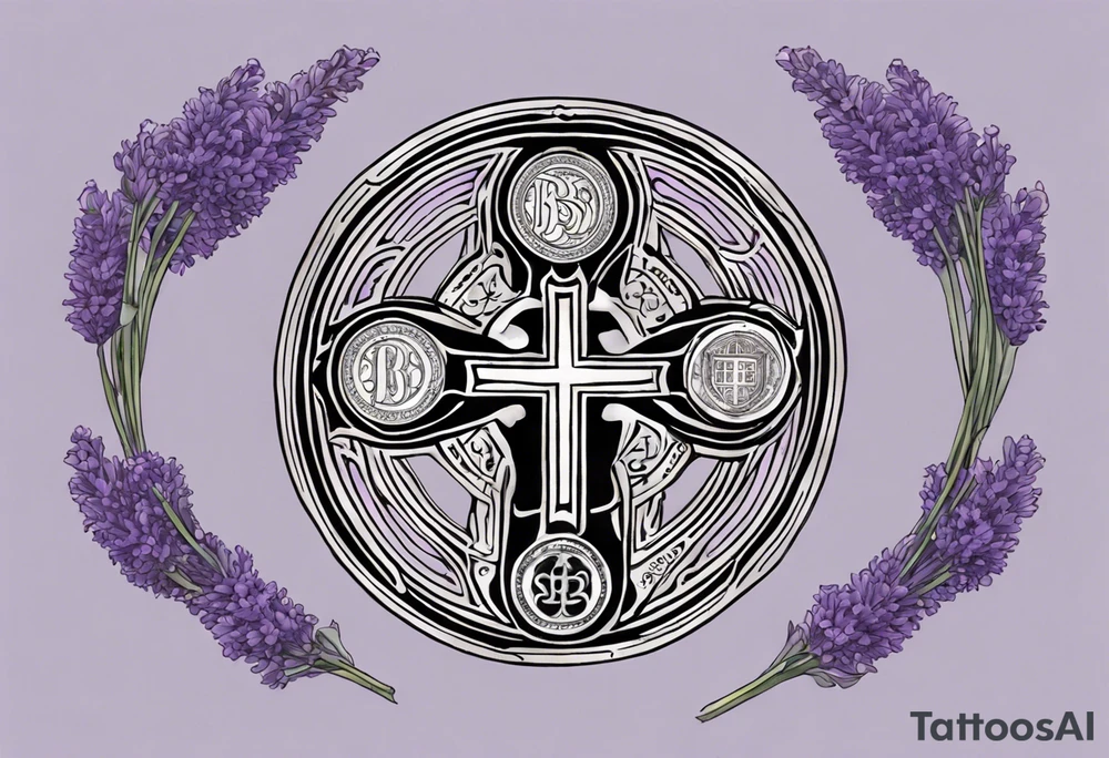I'm seeking a custom tattoo design featuring a faithful and precise representation of the Saint Benedict medal, surrounded by delicately intertwined lavender flowers to create a harmonious and aesthetically pleasing composition. The focus should be on maintaining the authenticity of the Saint Benedict medal, while incorporating the serene beauty of lavender blooms around it. Additionally, the design should be in black and white to ensure a classic and timeless aesthetic. The goal is to achieve a balance that captures the symbolic essence of the medal within a visually appealing and monochromatic tattoo. tattoo idea